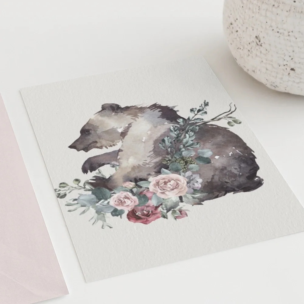 Watercolor Floral Bear Wall Art Print Poster Unframed - Picture 9 of 17